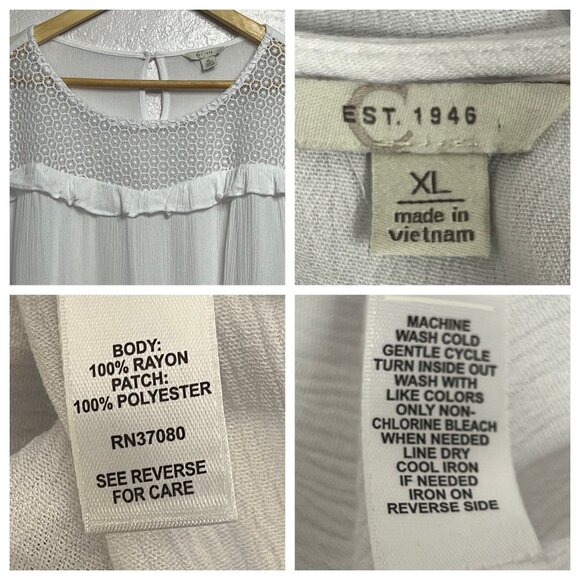 C Est 1946 White Crochet Yoke Ruffle Long Sleeve Blouse XL Minimalist Lt Weight - Picture 11 of 16